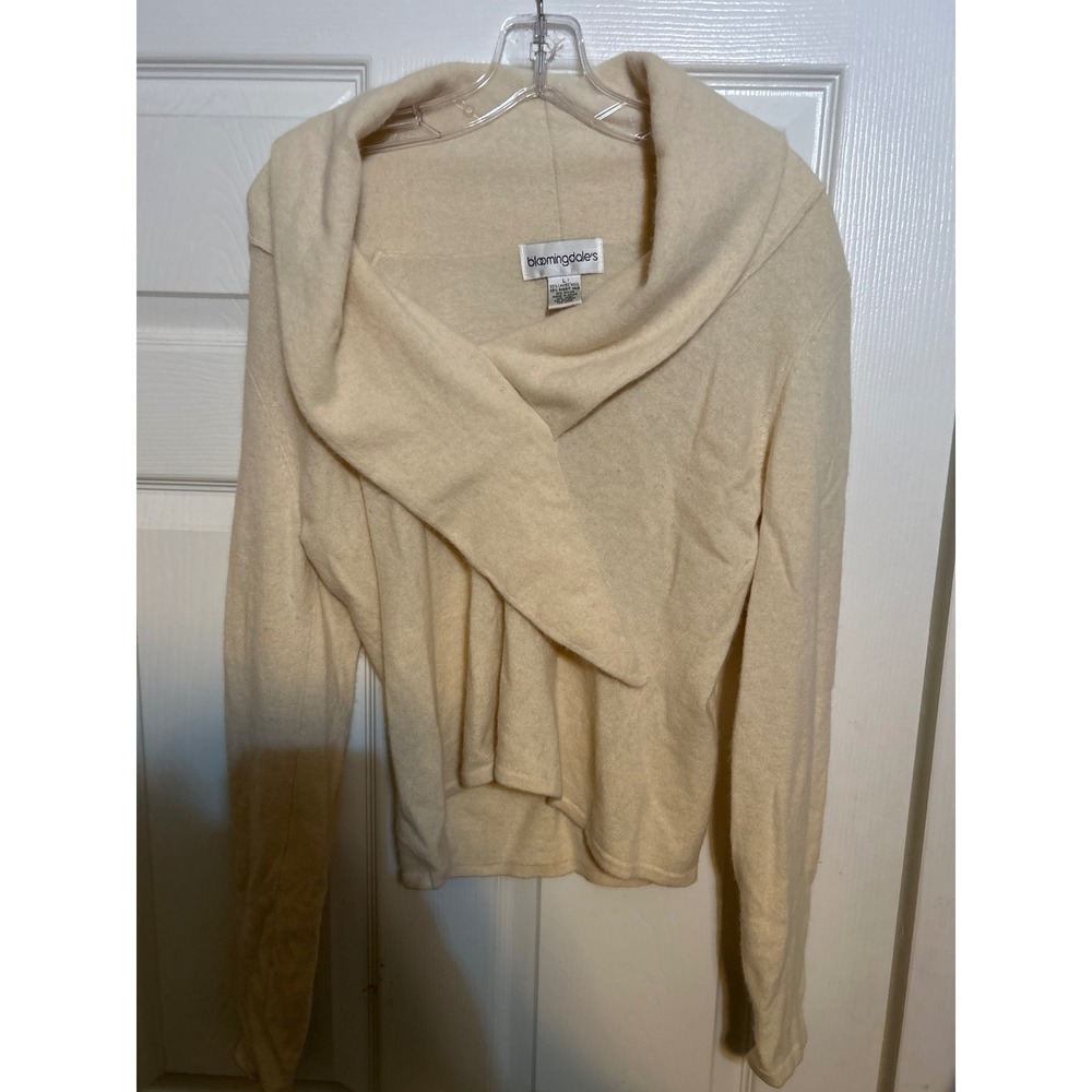 Bloomingdales Cream Lambswool Rabbit Hair Asymmetrical Shawl Collar Sweater L